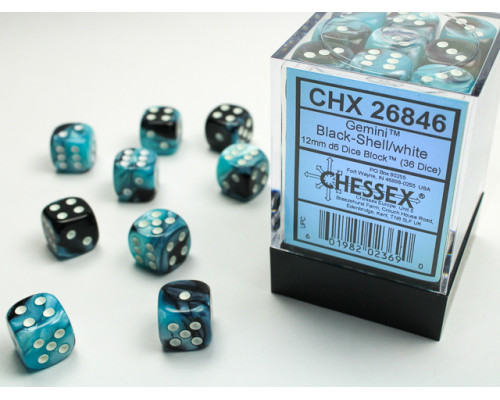 Chessex Gemini 12mm d6 Dice Blocks with pips Dice Blocks (36 Dice) - Black-Shell w/white