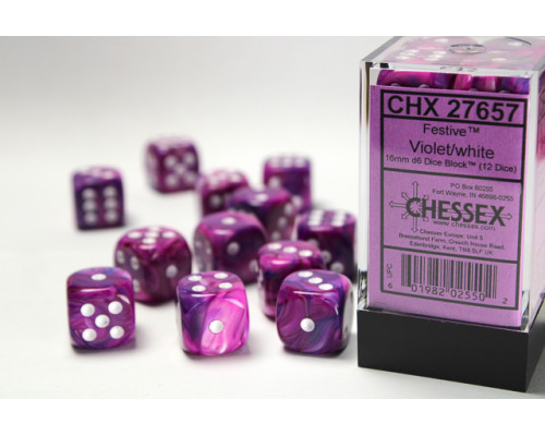 Chessex 16mm d6 with pips Dice Blocks (12 Dice) - Festive Violet w/white