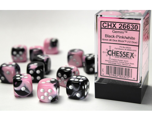 Chessex Gemini 16mm d6 with pips Dice Blocks (12 Dice) - Black-Pink w/white