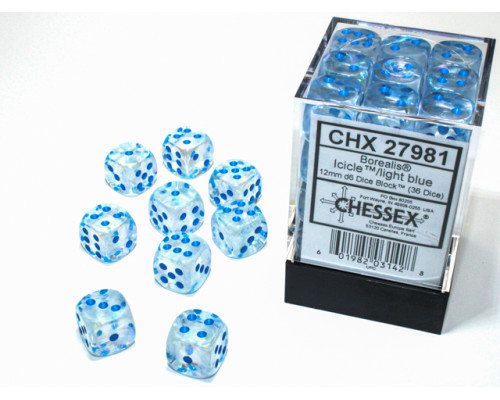 Chessex Borealis 12mm d6 Icicle/light blue Luminary Dice Block (36 dice)