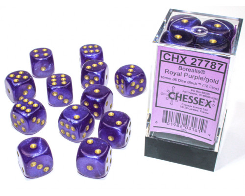 Chessex Borealis 16mm d6 Royal Purple/gold Luminary Dice Block (12 dice)