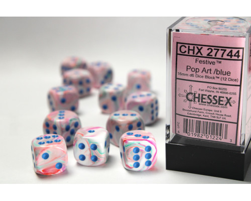 Chessex 16mm d6 with pips Dice Blocks (12 Dice) - Festive Polyhedral Pop Art /blue