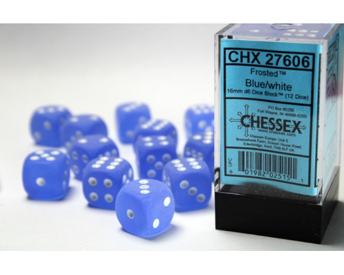 Chessex 16mm d6 with pips Dice Blocks (12 Dice) - Frosted Blue w/white