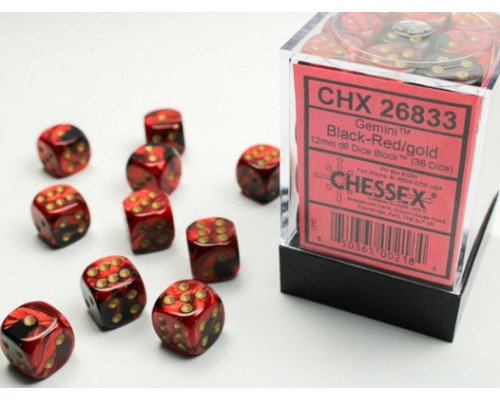 Chessex Gemini 12mm d6 Dice Blocks with pips Dice Blocks (36 Dice) - Black-Red w/gold