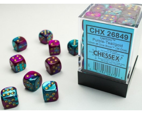 Chessex Gemini 12mm d6 Dice Blocks with pips Dice Blocks (36 Dice) - Purple-Teal w/gold