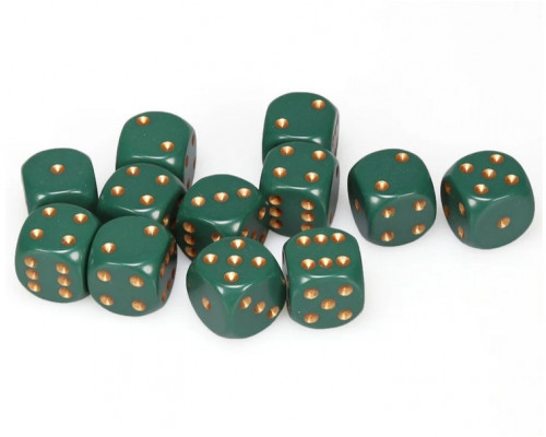 Chessex Opaque 12mm d6 with pips Dice Blocks (36 Dice) - Dusty Green w/gold