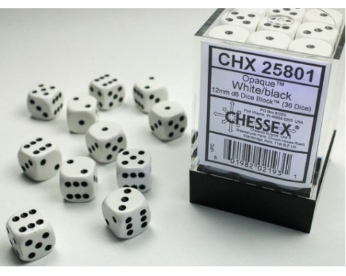 Chessex Opaque 12mm d6 with pips Dice Blocks (36 Dice) - White w/black