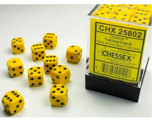 Chessex Opaque 12mm d6 with pips Dice Blocks (36 Dice) - Yellow w/black