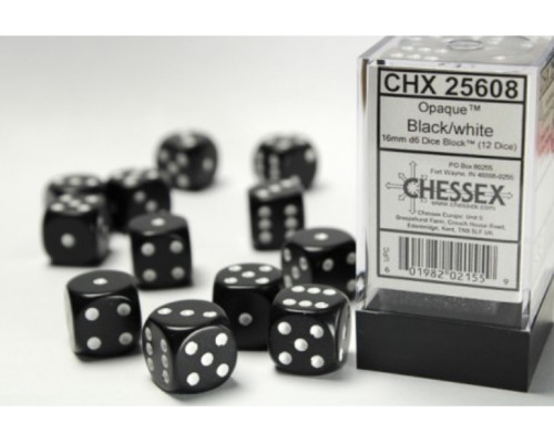 Chessex Opaque 16mm d6 with pips Dice Blocks (12 Dice) - Black w/white