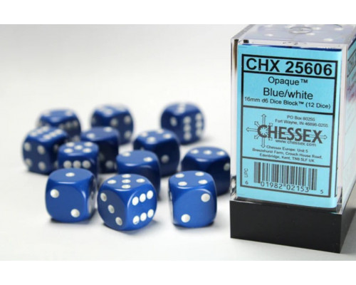 Chessex Opaque 16mm d6 with pips Dice Blocks (12 Dice) - Blue w/white