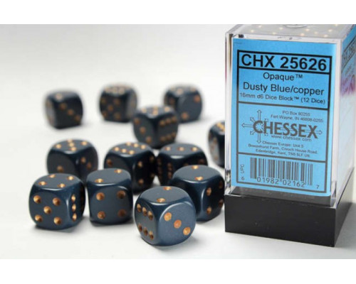 Chessex Opaque 16mm d6 with pips Dice Blocks (12 Dice) - Dusty Blue w/gold