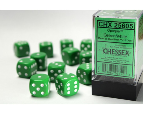 Chessex Opaque 16mm d6 with pips Dice Blocks (12 Dice) - Green w/white