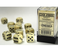 Chessex Opaque 16mm d6 with pips Dice Blocks (12 Dice) - Ivory w/black