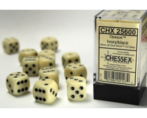 Chessex Opaque 16mm d6 with pips Dice Blocks (12 Dice) - Ivory w/black