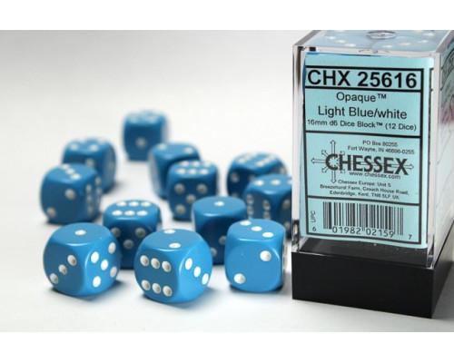 Chessex Opaque 16mm d6 with pips Dice Blocks (12 Dice) - Light Blue w/white
