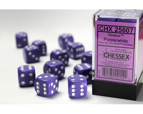 Chessex Opaque 16mm d6 with pips Dice Blocks (12 Dice) - Purple w/white