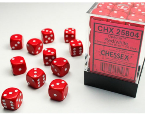 Chessex Opaque 16mm d6 with pips Dice Blocks (12 Dice) - Red w/white