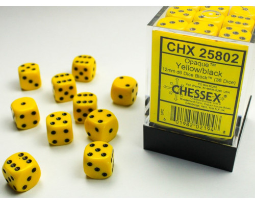 Chessex Opaque 16mm d6 with pips Dice Blocks (12 Dice) - Yellow w/black