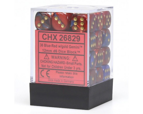 Chessex Gemini 12mm d6 Dice Blocks with pips Dice Blocks (36 Dice) - Blue-Red w/gold
