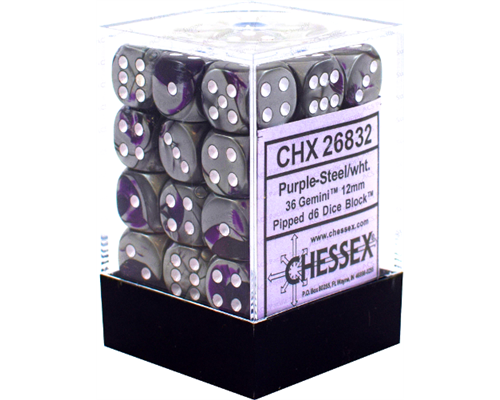 Chessex Gemini 12mm d6 Dice Blocks with pips Dice Blocks (36 Dice) - Purple-Steel w/white