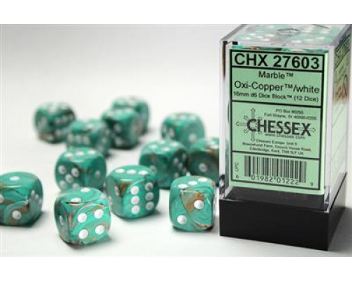 Chessex 16mm d6 with pips Dice Blocks (12 Dice) - Marble Oxi‑Copper/white