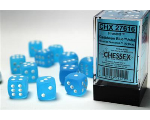 Chessex 16mm d6 with pips Dice Blocks (12 Dice) - Frosted Caribbean Blue w/white