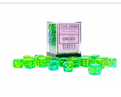 Gemini 12mm d6 Translucent Green-Teal/yellow Dice Block (36 dice)