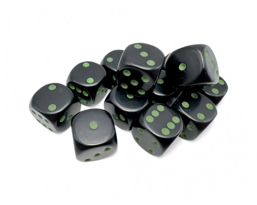 Opaque Black/green 16mm d6 Dice Block (12 dice)