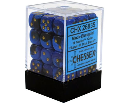 Chessex Gemini 12mm d6 Dice Blocks with pips Dice Blocks (36 Dice) - Black-Blue w/gold