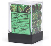 Chessex Gemini 12mm d6 Dice Blocks with pips Dice Blocks (36 Dice) - Black-Green w/gold