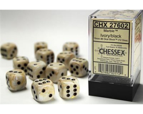 Chessex 16mm d6 with pips Dice Blocks (12 Dice) - Marble Ivory w/black