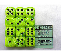 Chessex 16mm d6 with pips Dice Blocks (12 Dice) - Vortex Bright Green w/black