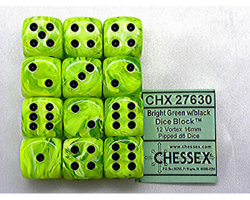 Chessex 16mm d6 with pips Dice Blocks (12 Dice) - Vortex Bright Green w/black