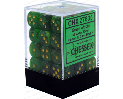Chessex Signature 12mm d6 with pips Dice Blocks (36 Dice) - Vortex Green w/gold