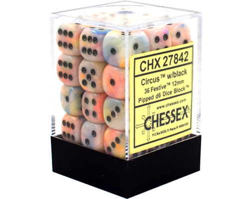 Chessex Signature 12mm d6 with pips Dice Blocks (36 Dice) - Festive Circus w/black