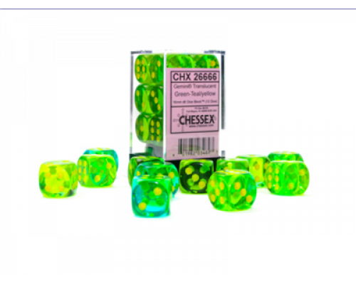 Gemini 16mm d6 Translucent Green-Teal/yellow Dice Block (12 dice)