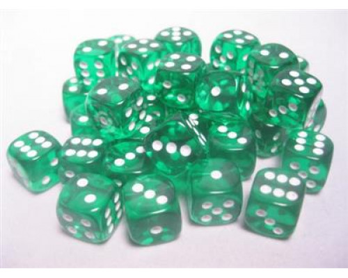 Chessex Translucent 12mm d6 with pips Dice Blocks (36 Dice) - Green w/white