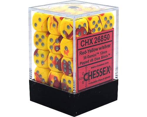 Chessex Gemini 12mm d6 Dice Blocks with pips Dice Blocks (36 Dice) - Red-Yellow w/silver