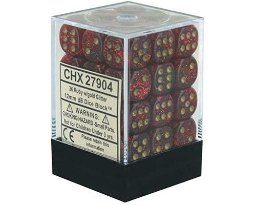 Chessex Signature 12mm d6 with pips Dice Blocks (36 Dice) - Glitter Polyhedral Ruby/gold