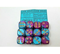 Chessex Gemini 16mm d6 with pips Dice Blocks (12 Dice) - Purple-Teal w/gold