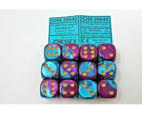 Chessex Gemini 16mm d6 with pips Dice Blocks (12 Dice) - Purple-Teal w/gold