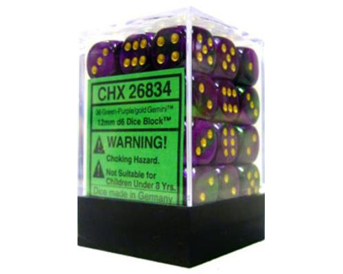 Chessex Gemini 12mm d6 Dice Blocks with pips Dice Blocks (36 Dice) - Green-Purple w/gold