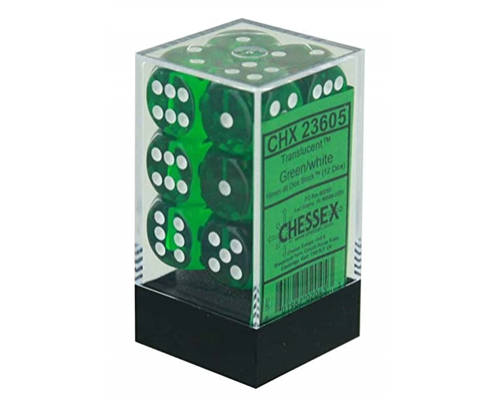 Chessex Translucent 16mm d6 with pips Dice Blocks (12 Dice) - Green w/white