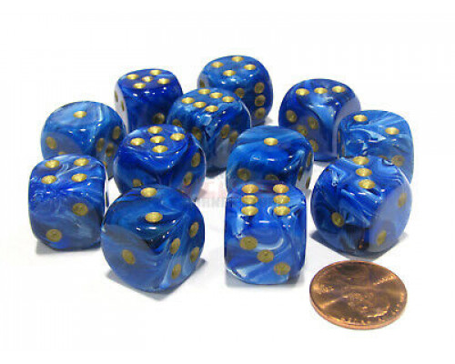 Chessex 16mm d6 with pips Dice Blocks (12 Dice) - Vortex Blue w/gold