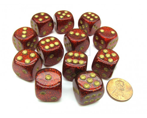 Chessex 16mm d6 with pips Dice Blocks (12 Dice) - Glitter Polyhedral Ruby/gold