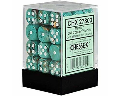 Chessex Signature 12mm d6 with pips Dice Blocks (36 Dice) - Marble Oxi‑Copper/white