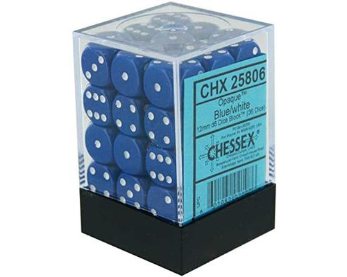 Chessex Opaque 12mm d6 with pips Dice Blocks (36 Dice) - Blue w/white