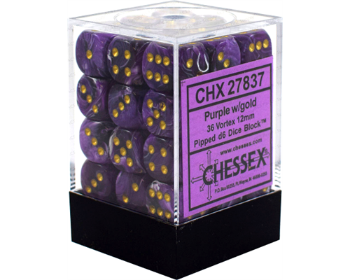 Chessex Signature 12mm d6 with pips Dice Blocks (36 Dice) - Vortex Purple w/gold