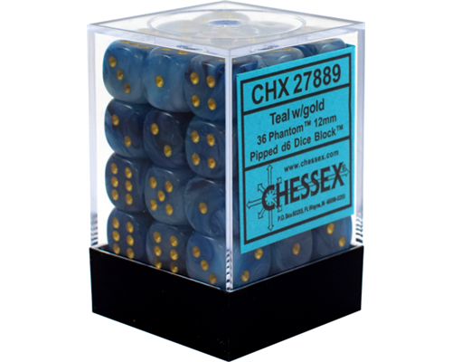 Chessex Signature 12mm d6 with pips Dice Blocks (36 Dice) - Phantom Teal w/gold