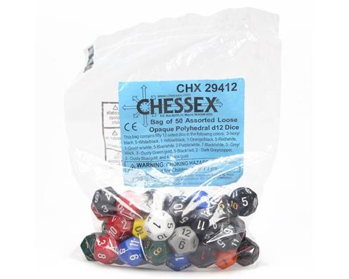 Chessex Opaque Bags of 50 Asst. Dice - Loose Opaque Polyhedral d12 Dice